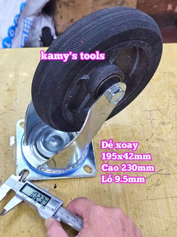 Combo đế càng và bánh xe cao su đặc Sanho XOAY 200mm dày 41mm 195x41mm Kamytools