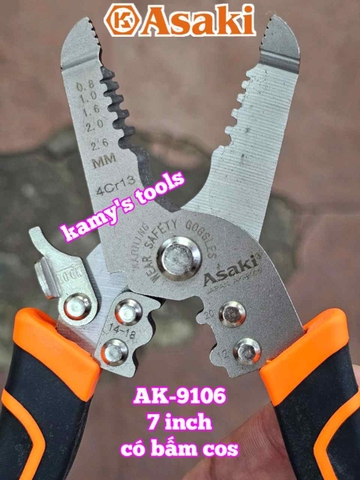 Kìm tuốt dây điện có bấm cos Asaki AK-9106 dài 7 inch bấm cos 0.8-2.6mm2