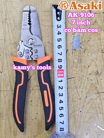 Kìm tuốt dây điện có bấm cos Asaki AK-9106 dài 7 inch bấm cos 0.8-2.6mm2