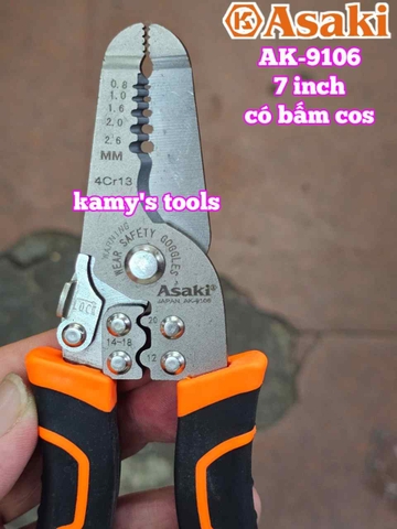 Kìm tuốt dây điện có bấm cos Asaki AK-9106 dài 7 inch bấm cos 0.8-2.6mm2