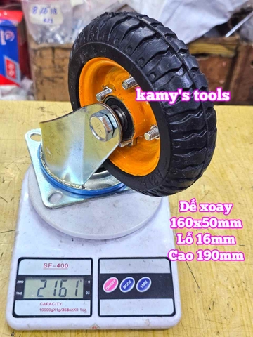 Combo đế càng và bánh xe cao su XOAY 160mm dày 50mm 160x50mm Kamytools XOAY160VANG