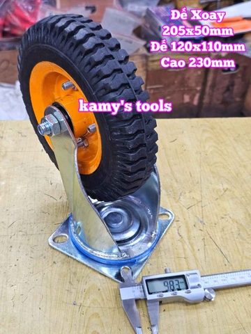 Combo đế càng và bánh xe cao su XOAY 205mm dày 50mm 205x50mm Kamytools XOAY200VANG