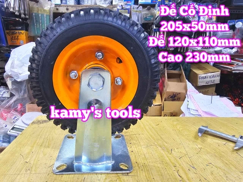 Combo đế càng và bánh xe cao su CỐ ĐỊNH 205mm dày 50mm 205x50mm Kamytools CD200VANG