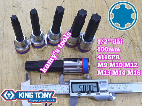Bộ đầu tuýp lú đầu sao M lớn vuông 1/2 inch dài 100mm Kingtony 4116PR 6 chi tiết M9 M10 M12 M13 M14 M16