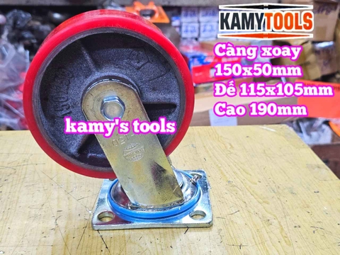 Combo đế càng XOAY và bánh xe PU mâm gang 150mm 150x50mm Kamytools KMT-XOAY150PU