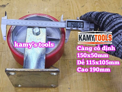 Combo đế càng CỐ ĐỊNH và bánh xe PU mâm gang 150mm 150x50mm Kamytools KMT-CD150PU