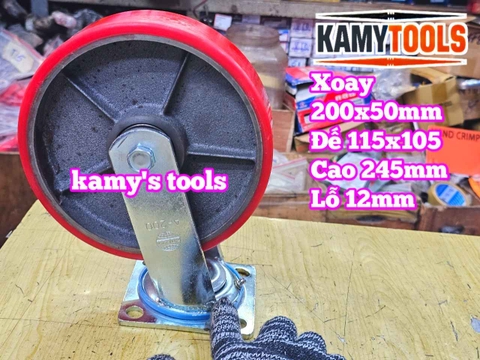Combo đế càng XOAY và bánh xe PU mâm gang 200mm 200x50mm Kamytools KMT-XOAY200PU