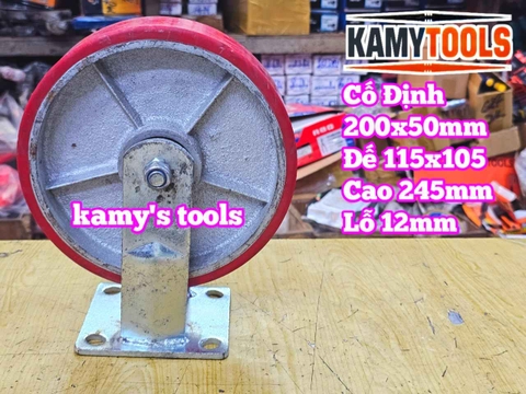 Combo đế càng CỐ ĐỊNH và bánh xe PU mâm gang 200mm 200x50mm Kamytools KMT-CD200PU