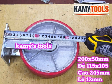 Combo đế càng CỐ ĐỊNH và bánh xe PU mâm gang 200mm 200x50mm Kamytools KMT-CD200PU