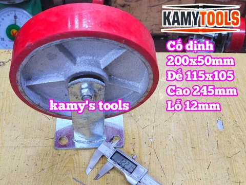 Combo đế càng CỐ ĐỊNH và bánh xe PU mâm gang 200mm 200x50mm Kamytools KMT-CD200PU