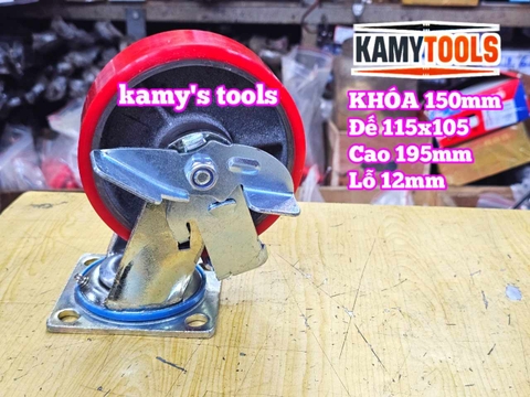 Combo đế càng XOAY KHÓA và bánh xe PU mâm gang 150mm 150x50mm Kamytools KMT-KHOA150PU