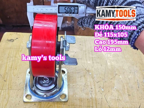 Combo đế càng XOAY KHÓA và bánh xe PU mâm gang 150mm 150x50mm Kamytools KMT-KHOA150PU