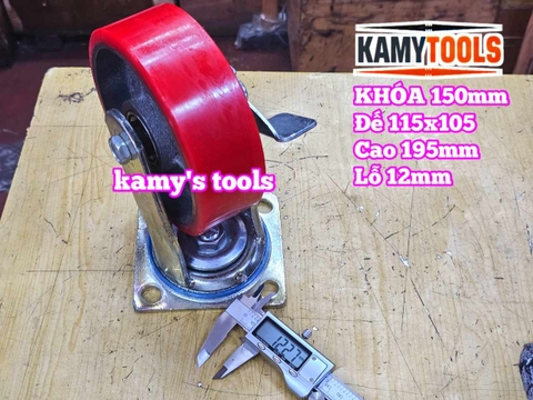 Combo đế càng XOAY KHÓA và bánh xe PU mâm gang 150mm 150x50mm Kamytools KMT-KHOA150PU