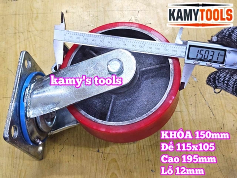 Combo đế càng XOAY KHÓA và bánh xe PU mâm gang 150mm 150x50mm Kamytools KMT-KHOA150PU