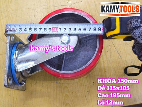 Combo đế càng XOAY KHÓA và bánh xe PU mâm gang 150mm 150x50mm Kamytools KMT-KHOA150PU