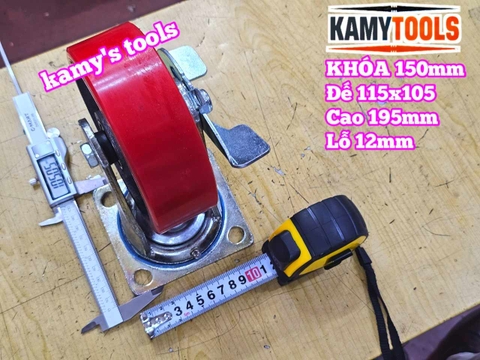 Combo đế càng XOAY KHÓA và bánh xe PU mâm gang 150mm 150x50mm Kamytools KMT-KHOA150PU