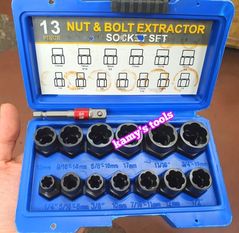 Bộ tuýp tháo mở ốc vít hư gãy bulong bị biến dạng tuôn răng toét đầu 14 chi tiết 1/4-3/4 (6.35mm-19mm)