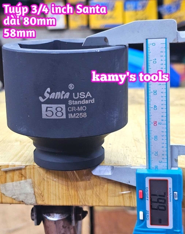 Đầu tuýp 3/4 inch đen dài 75mm 80mm Santa thép Cr-mo 52mm 58mm 62mm 63mm