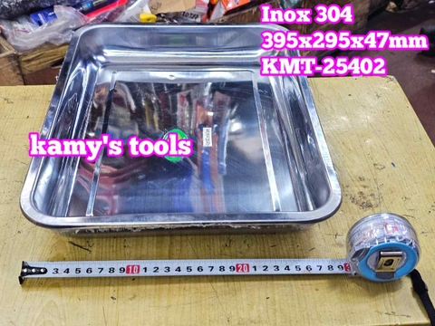 Khay inox hình chữ Nhật inox 304 đựng dụng cụ đồ nghề thực phẩm thức ăn 395xx295x47mm Kamytools KMT-25402