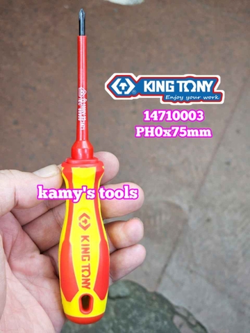 Tua vít cách điện VDE 1000V dẹp 3mm bake PH0 dài 75mm (3x75mm, PH0x75mm) Kingtony 14720303 14710003