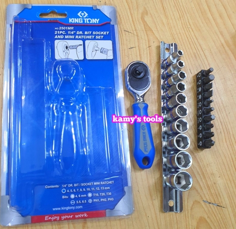 Bộ tuýp 1/4 inch Kingtony 2501MR 21 chi tiết hệ mét 6 cạnh