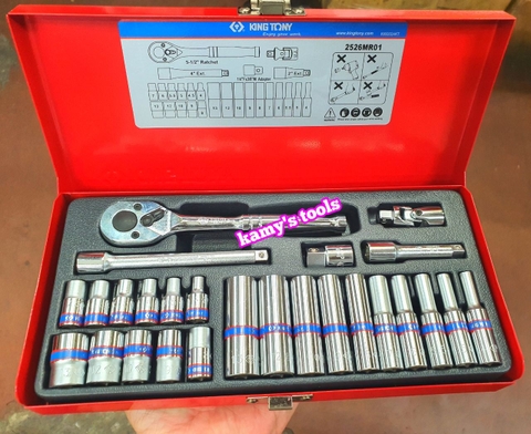 Bộ tuýp 1/4 inch ngắn và dài Kingtony 2526MR01 6 cạnh 26 chi tiết hệ mét