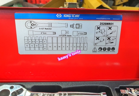 Bộ tuýp 1/4 inch ngắn và dài Kingtony 2526MR01 6 cạnh 26 chi tiết hệ mét