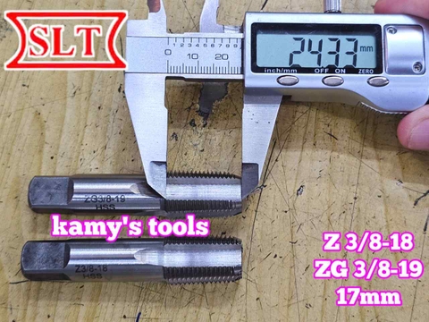 Taro ống rắc co 3/8 inch 17mm răng côn HSS Shanghai SLT NPT Z 3/8-18 và BPST ZG 3/8-19 (1 cây)