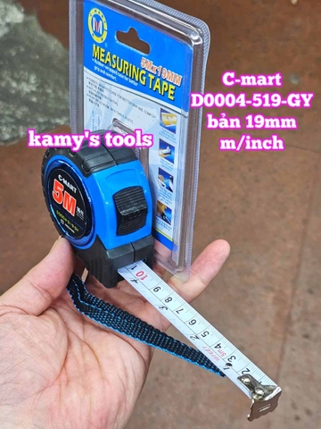 Thước cuộn 5m 16ft bản 19mm C-Mart model D0004-519-GY bọc nhựa chống va đập, thước kéo 5 mét