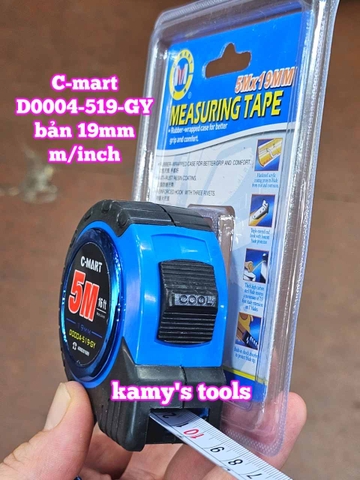 Thước cuộn 5m 16ft bản 19mm C-Mart model D0004-519-GY bọc nhựa chống va đập, thước kéo 5 mét