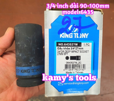 Đầu tuýp đầu khẩu đen dài lục giác dài 90mm Kingtony lỗ 3/4 19mm 21mm 22mm 23mm 643519M, 643521M, 643522M, 643523M