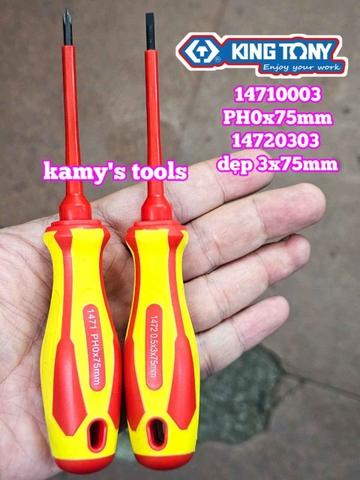 Tua vít cách điện VDE 1000V dẹp 3mm bake PH0 dài 75mm (3x75mm, PH0x75mm) Kingtony 14720303 14710003