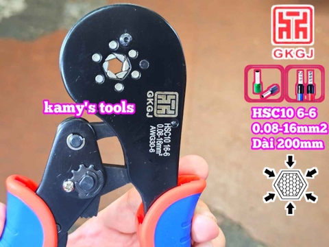 Kìm bấm cos pin tròn rỗng lục giác 0.08-16mm2 dài 200mm GKGJ HSC10 16-6