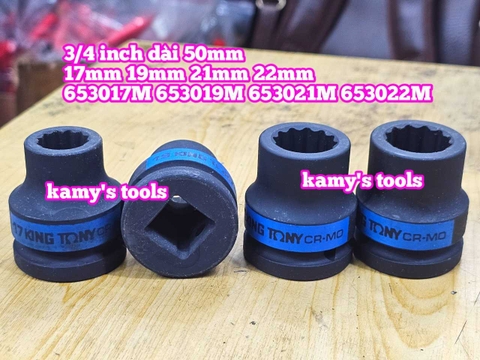 Đầu tuýp 3/4 inch bông 12 cạnh đen ngắn 50mm Kingtony 17mm 19mm 21mm 22mm 653017M 653019M 653021M 653022M