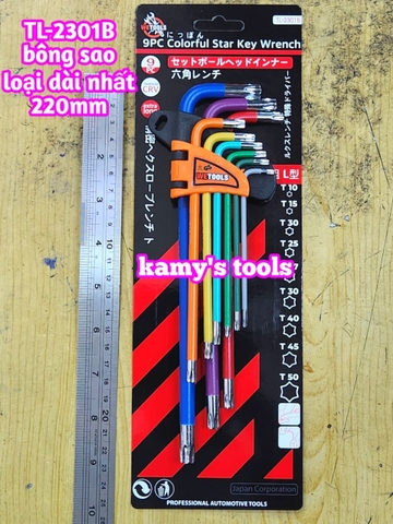 Bộ lục giác bông sao hoa thị MÀU thép S2 Wetools 9 chi tiết T10-T50 TL-2301B loại dài nhất 220mm