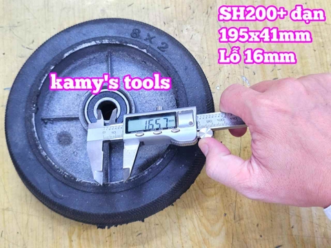 Bánh xe cao su đặc Sanho 200mm kèm bạc đạn 6203RS lỗ 16mm 195x41mm Kamytools