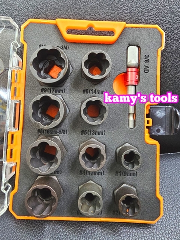 9mm-19mm Bộ tuýp tháo mở ốc vít hư gãy bulong bị biến dạng tuôn răng toét đầu 11 chi tiết kamytools