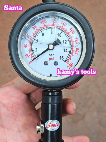 Tay bơm lốp có đồng hồ đo áp suất xe ô tô dạng thẳng Santa TBOM-T, vòi bơm lốp đầu xe máy ô tô xe tải