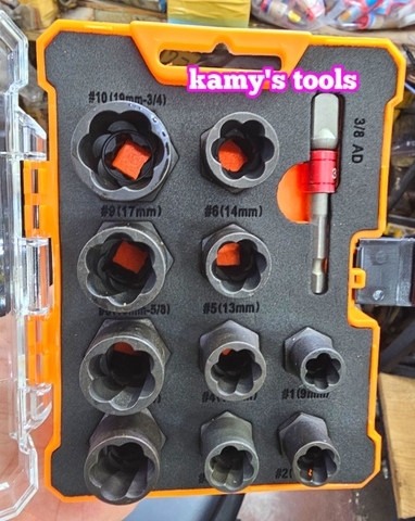 9mm-19mm Bộ tuýp tháo mở ốc vít hư gãy bulong bị biến dạng tuôn răng toét đầu 11 chi tiết kamytools