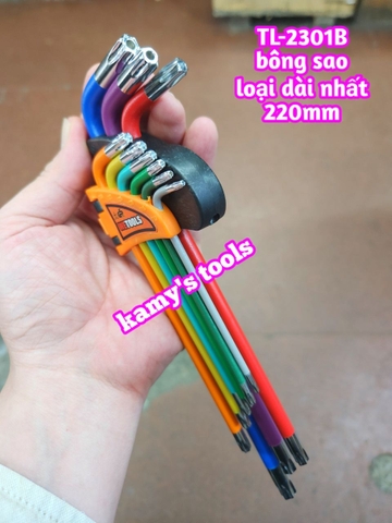 Bộ lục giác bông sao hoa thị MÀU thép S2 Wetools 9 chi tiết T10-T50 TL-2301B loại dài nhất 220mm