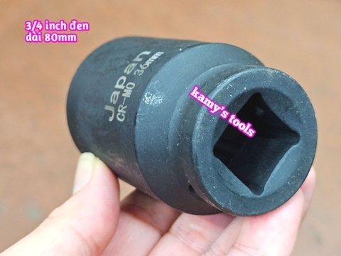 Đầu tuýp 3/4 inch đen dài 80mm lục giác 6 cạnh Kamytools thép Cr-mo 16mm-46mm