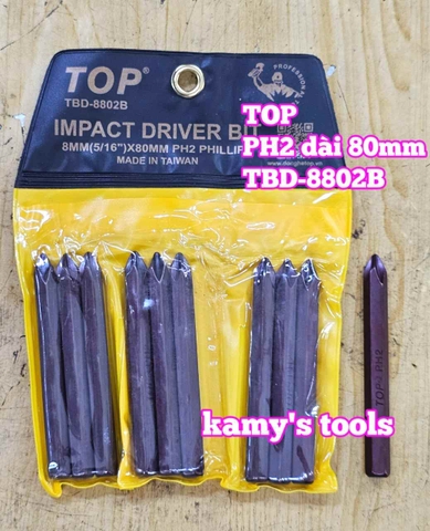 Mũi vít đóng bake 4 cạnh PH2 8mm 5/16 inch dài 80mm TOP model TBD-8802B