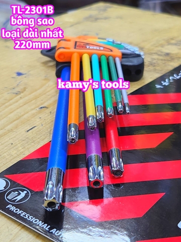 Bộ lục giác bông sao hoa thị MÀU thép S2 Wetools 9 chi tiết T10-T50 TL-2301B loại dài nhất 220mm