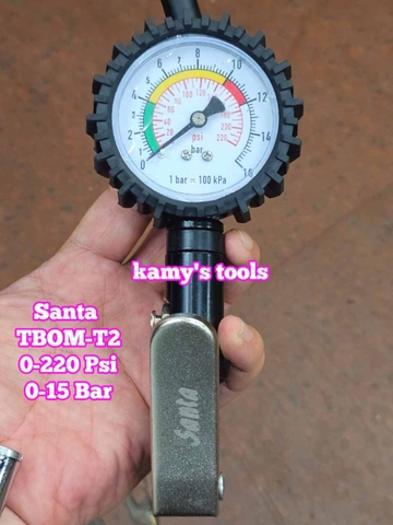 Tay bơm lốp có đồng hồ đo áp suất xe ô tô dạng thẳng Santa TBOM-T2, vòi bơm lốp đầu xe máy ô tô xe tải