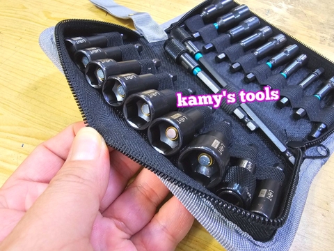 Bộ 21 chi tiết đầu chụp khẩu tuýp bắn bulong đuôi 1/4 inch có nam châm hệ mét và hệ inch thép đen cao cấp L+R+T (LRT)