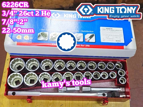 Bộ tuýp 3/4 inch 12 cạnh 2 hệ inch và mét 26 chi tiết 22-50mm Kingtony 6226CR