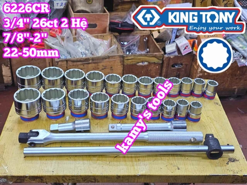 Bộ tuýp 3/4 inch 12 cạnh 2 hệ inch và mét 26 chi tiết 22-50mm Kingtony 6226CR