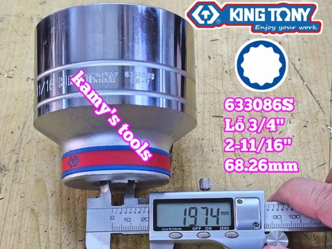 Đầu tuýp hệ inch 12 cạnh 3/4 inch Kingtony cỡ 2-11/16 inch tương đương 68mm 633086S
