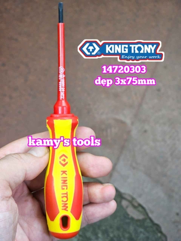 Tua vít cách điện VDE 1000V dẹp 3mm bake PH0 dài 75mm (3x75mm, PH0x75mm) Kingtony 14720303 14710003
