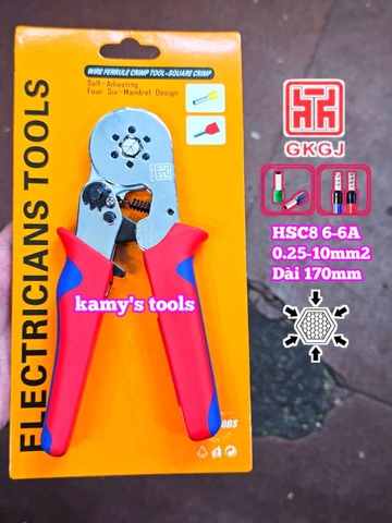 Kìm bấm cos pin tròn rỗng lục giác 0.25-10mm2 dài 170mm GKGJ HSC8 6-6A